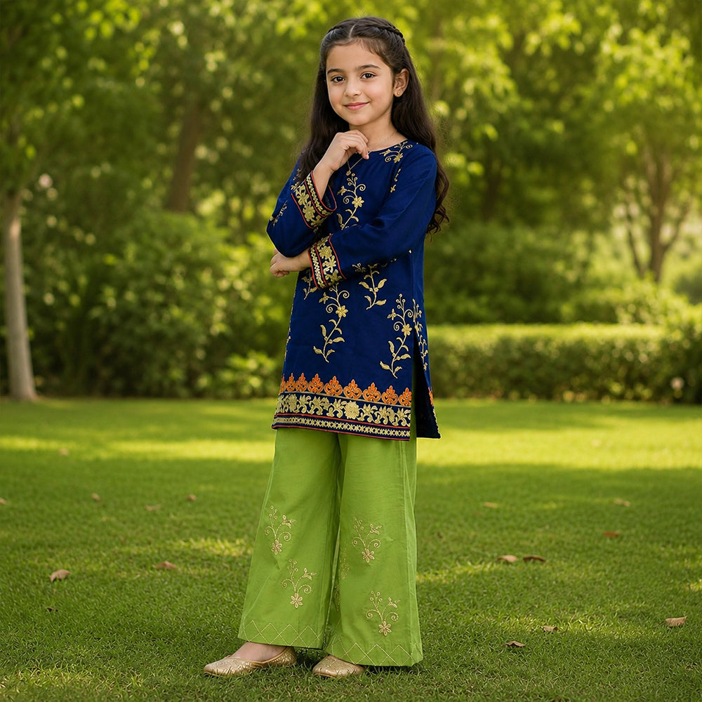 Girls Navy Blue & Lime Green Contrast Embroidered 2pc Suit