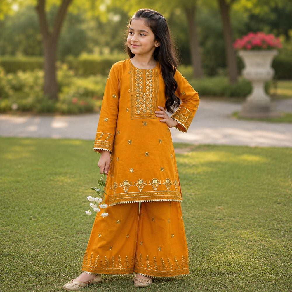 Girls Ochre Yellow Embroidered 2pc Suit