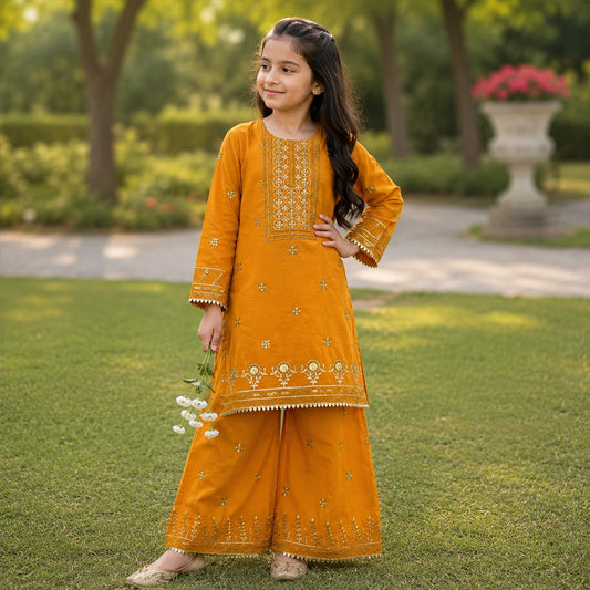 Girls Ochre Yellow Embroidered 2pc Suit