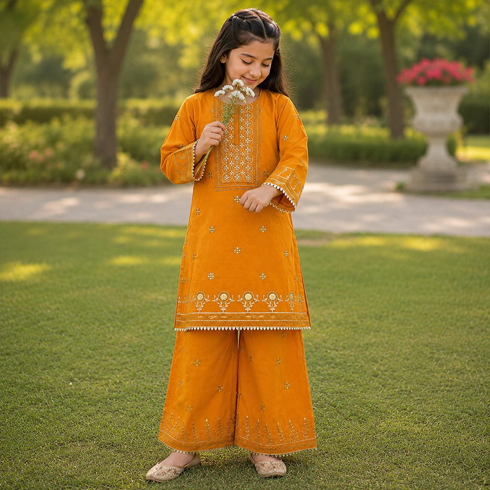Girls Ochre Yellow Embroidered 2pc Suit