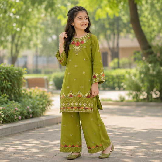 Girls Olive Green Embroidered 2pc Suit