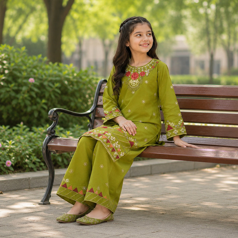 Girls Olive Green Embroidered 2pc Suit