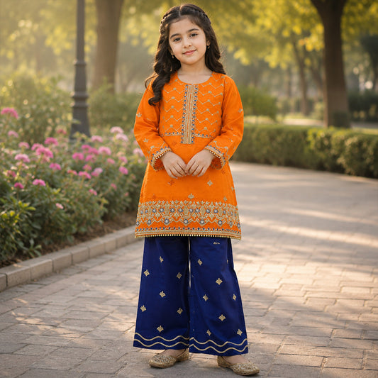 Girls Orange & Navy Blue Contrast Embroidered 2pc Suit