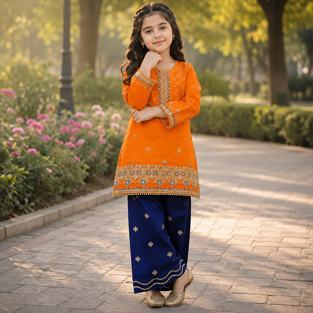 Girls Orange & Navy Blue Contrast Embroidered 2pc Suit