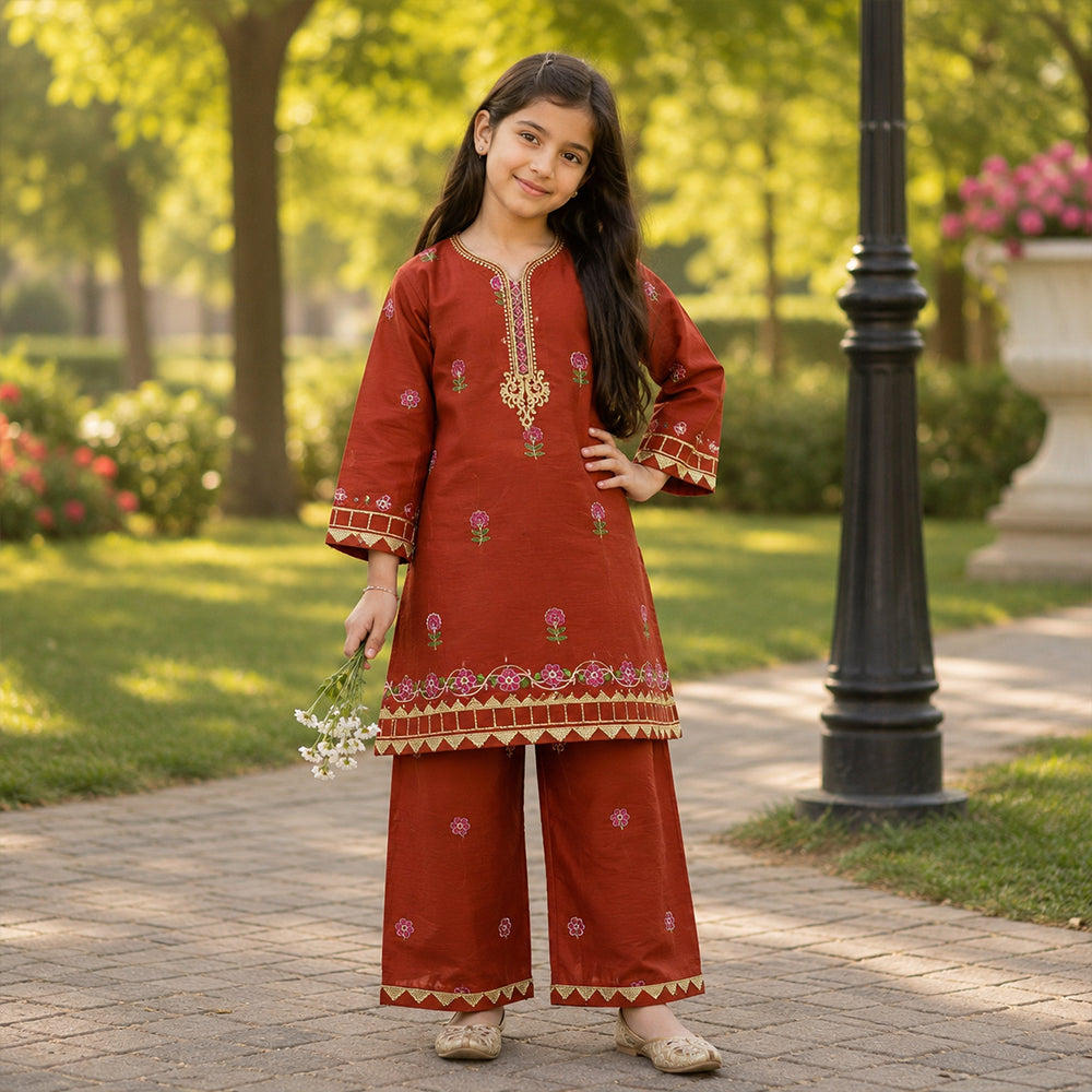 Girls Rust Orange Embroidered 2pc Suit