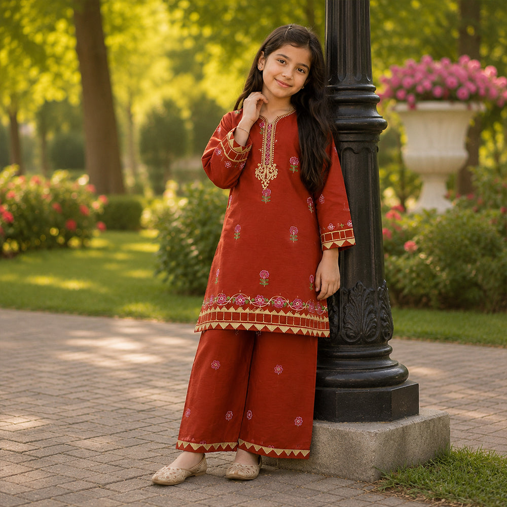 Girls Rust Orange Embroidered 2pc Suit