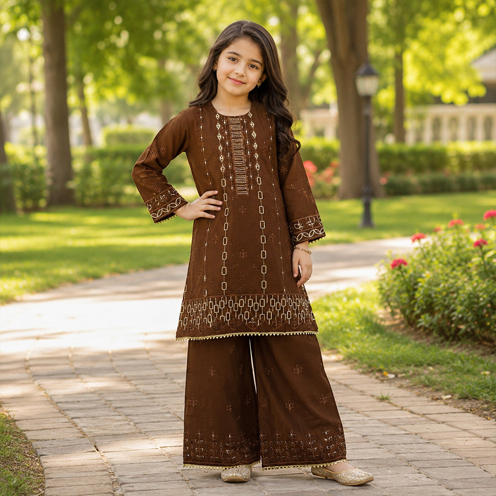 Girls Wooden Brown Embroidered 2pc Suit