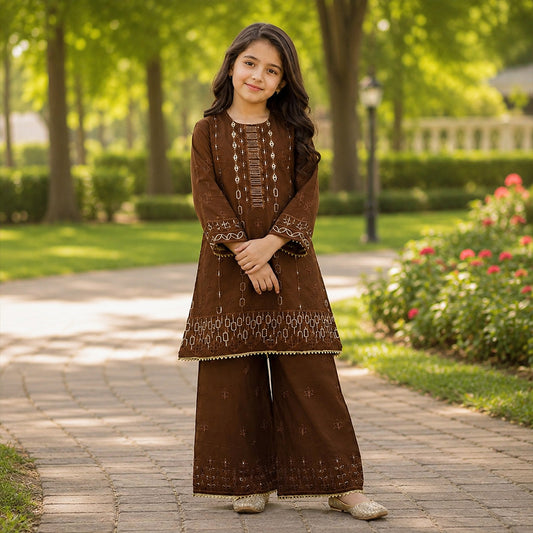 Girls Wooden Brown Embroidered 2pc Suit