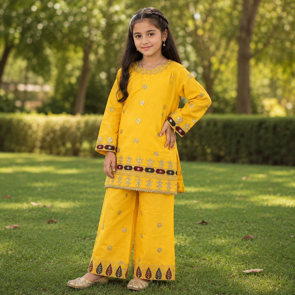 Girls Mustard Yellow Embroidered 2pc Suit