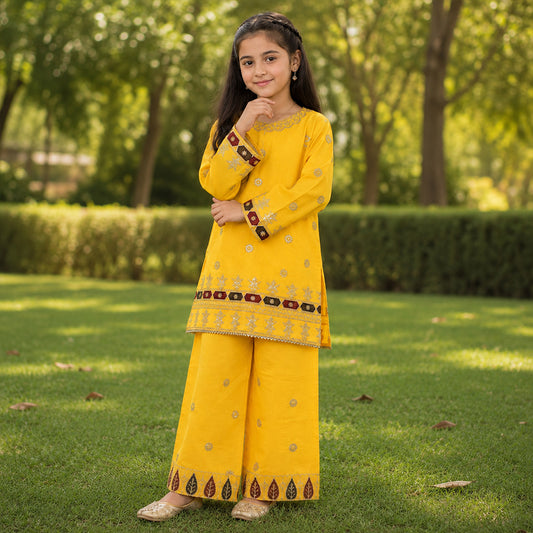 Girls Mustard Yellow Embroidered 2pc Suit