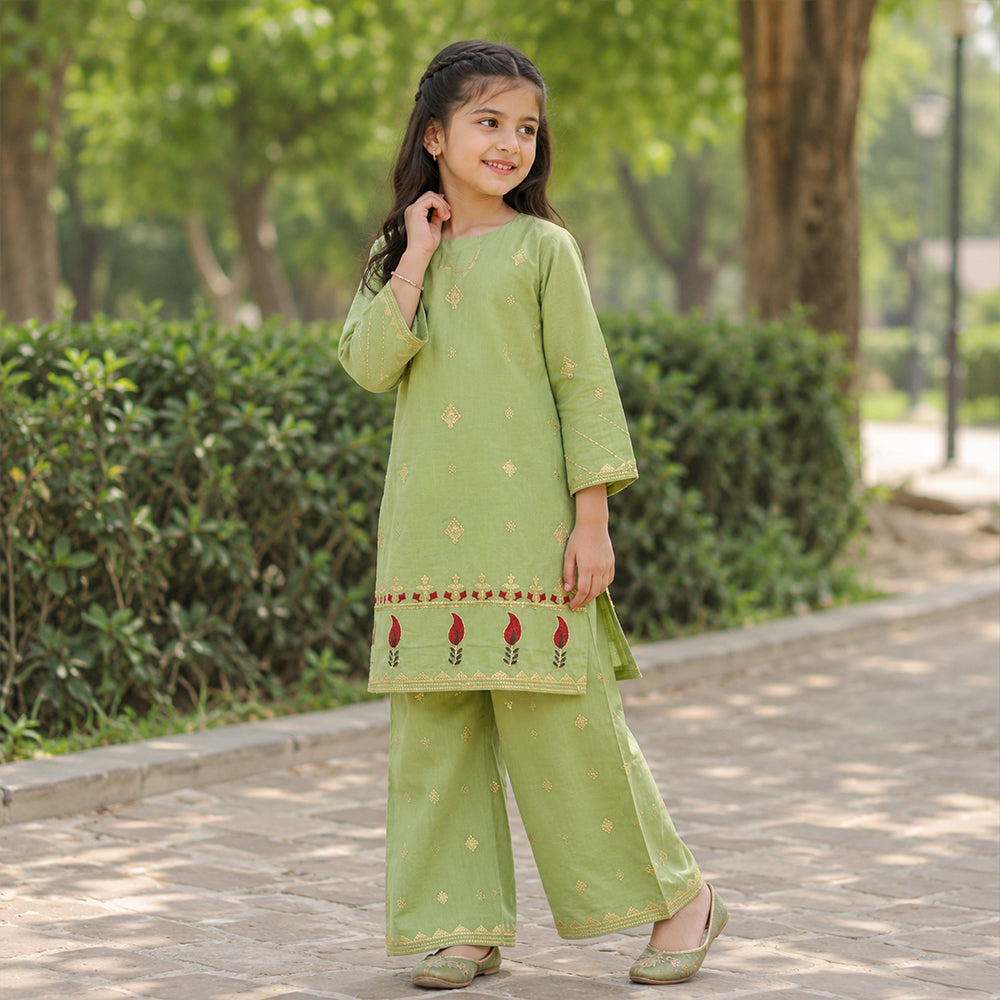 Girls Pistachio Green Embroidered 2pc Suit