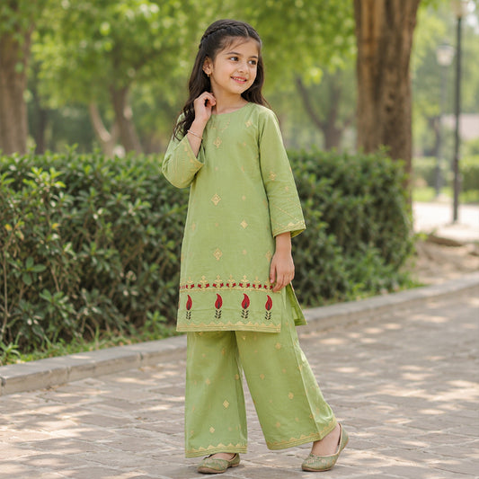 Girls Pistachio Green Embroidered 2pc Suit