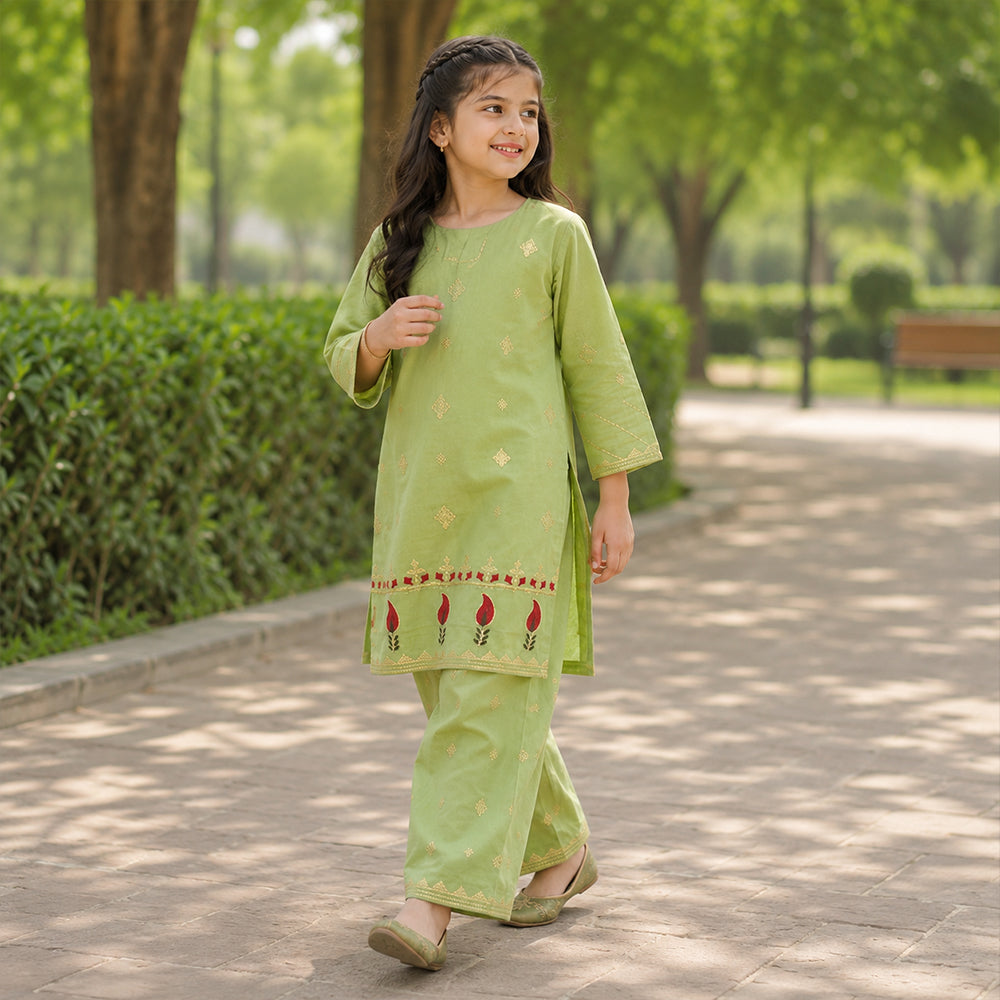 Girls Pistachio Green Embroidered 2pc Suit