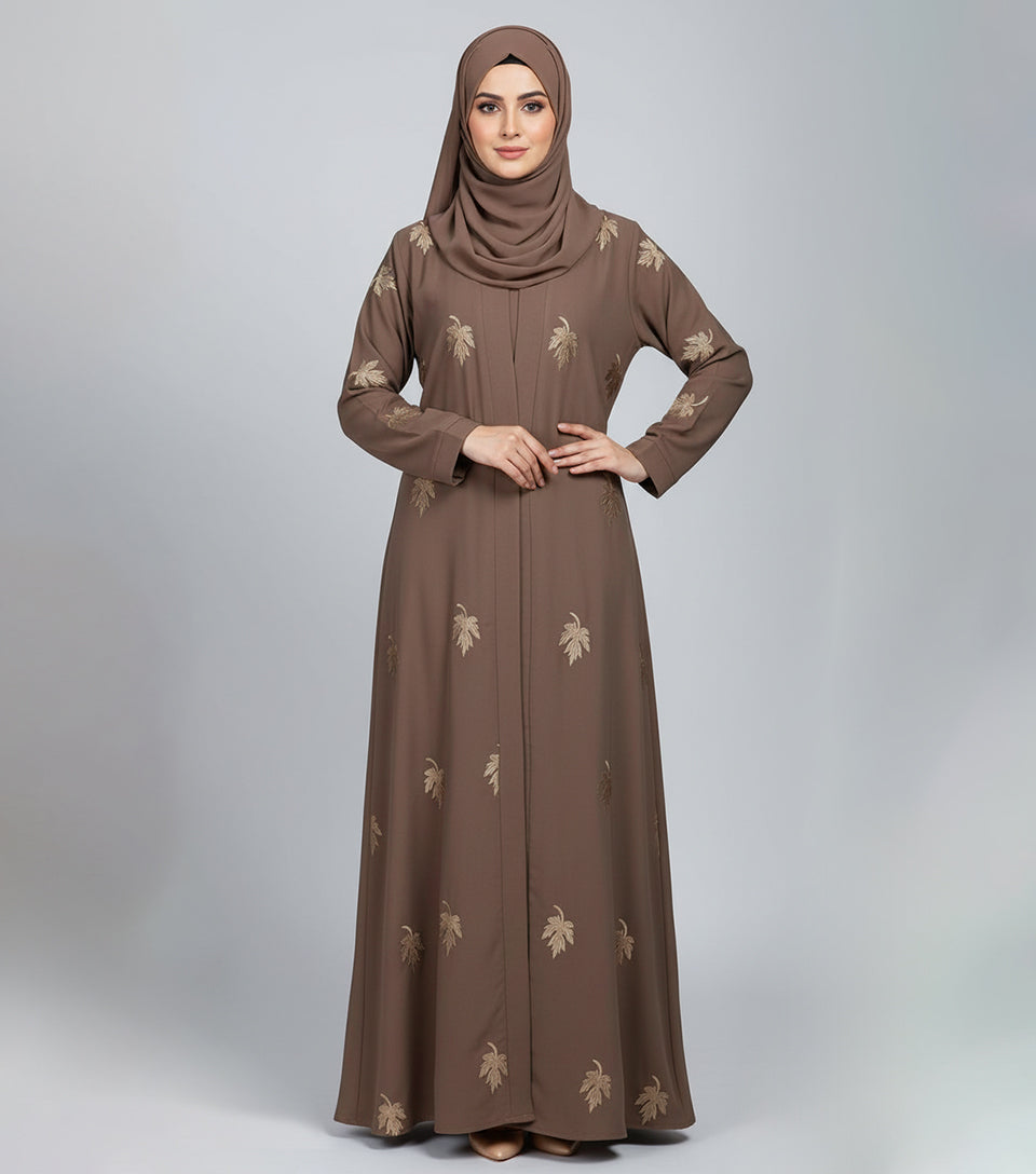 Elegant Greyish Brown Embroidered Abaya – Luxe Korean Nidha Open Gown