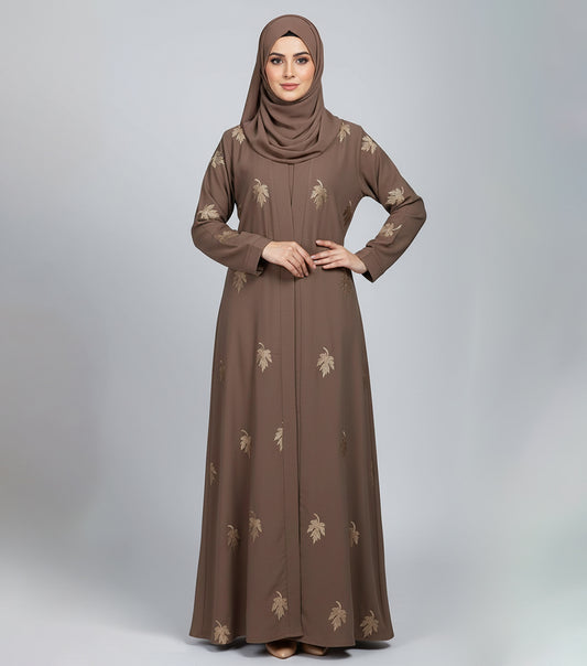 Elegant Greyish Brown Embroidered Abaya – Luxe Korean Nidha Open Gown