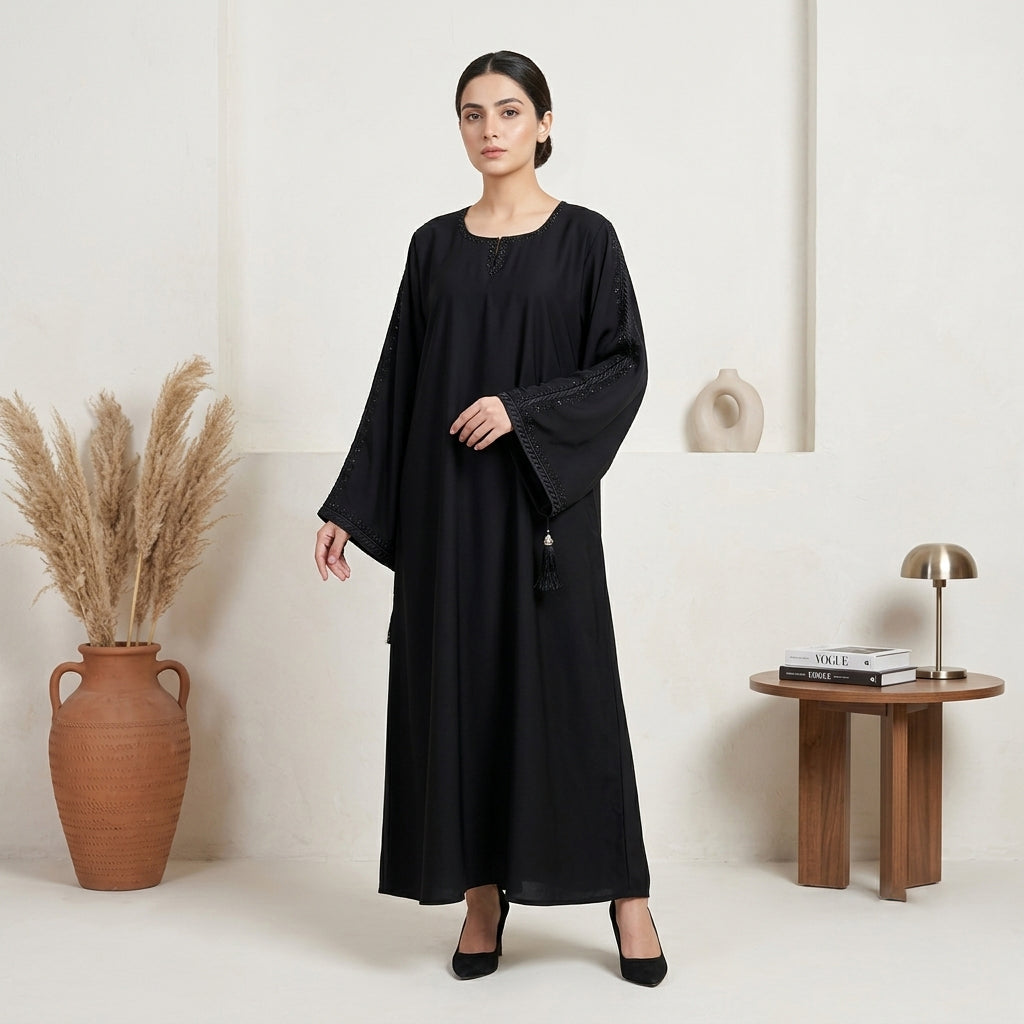 Jet Black Beaded Abaya