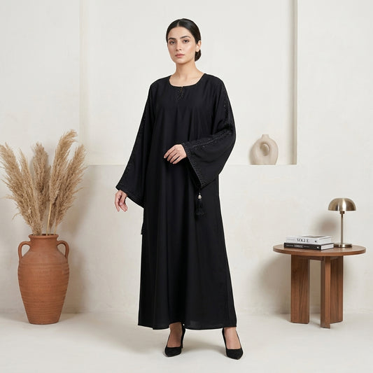 Jet Black Beaded Abaya
