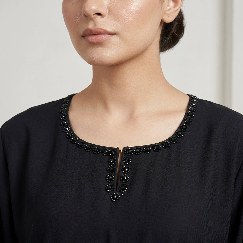 Jet Black Beaded Abaya