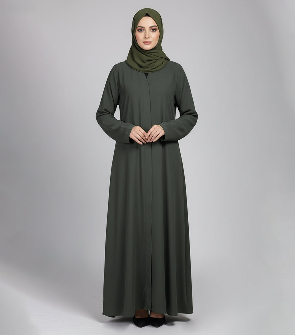 Luner Green Plain Abaya – Luxe Korean Nidha Open Gown for Elegant Modesty
