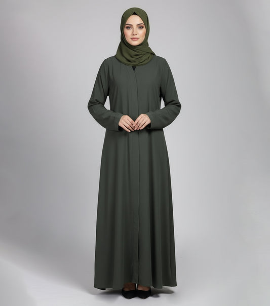 Luner Green Plain Abaya – Luxe Korean Nidha Open Gown for Elegant Modesty
