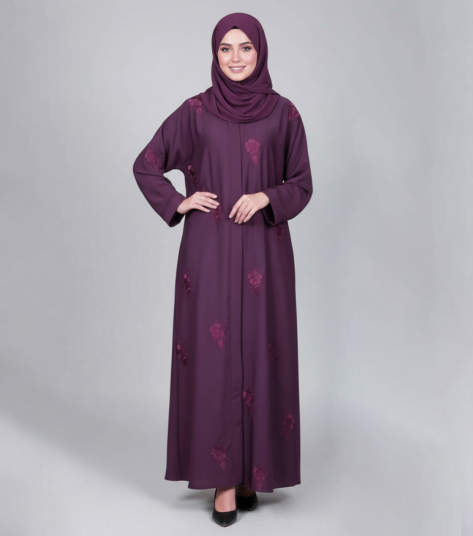 Magenta Embroidered Open Gown Abaya – Luxe Korean Nida Fabric with Elegant Wide Flair