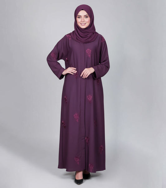 Magenta Embroidered Open Gown Abaya – Luxe Korean Nida Fabric with Elegant Wide Flair