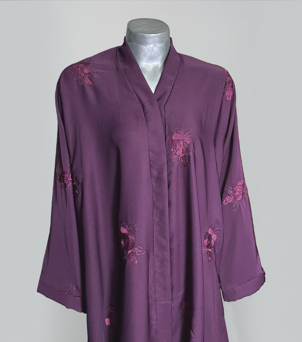Magenta Embroidered Open Gown Abaya – Luxe Korean Nida Fabric with Elegant Wide Flair