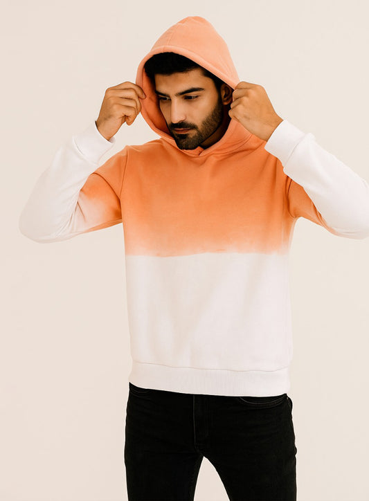 Men’s Cotton Tie & Dye Hoodie in White & Peach Ombre – Premium Streetwear