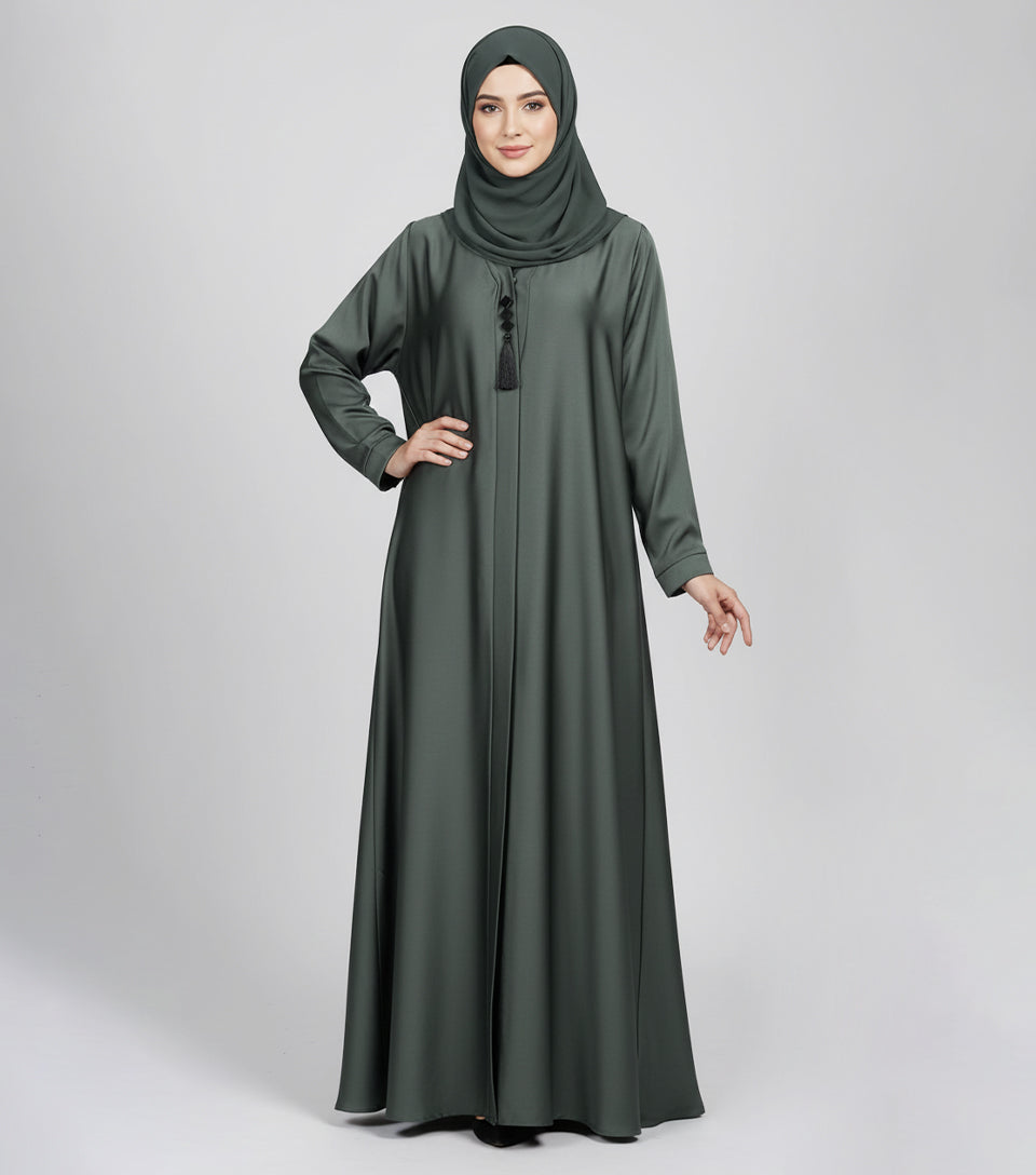 Mid Green Fancy Abaya | Luxe Korean Nidha Open Gown with Elegant Wide Flair