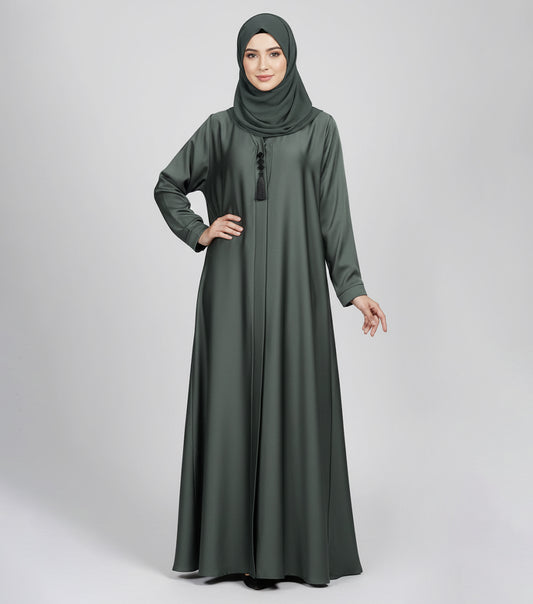 Mid Green Fancy Abaya | Luxe Korean Nidha Open Gown with Elegant Wide Flair