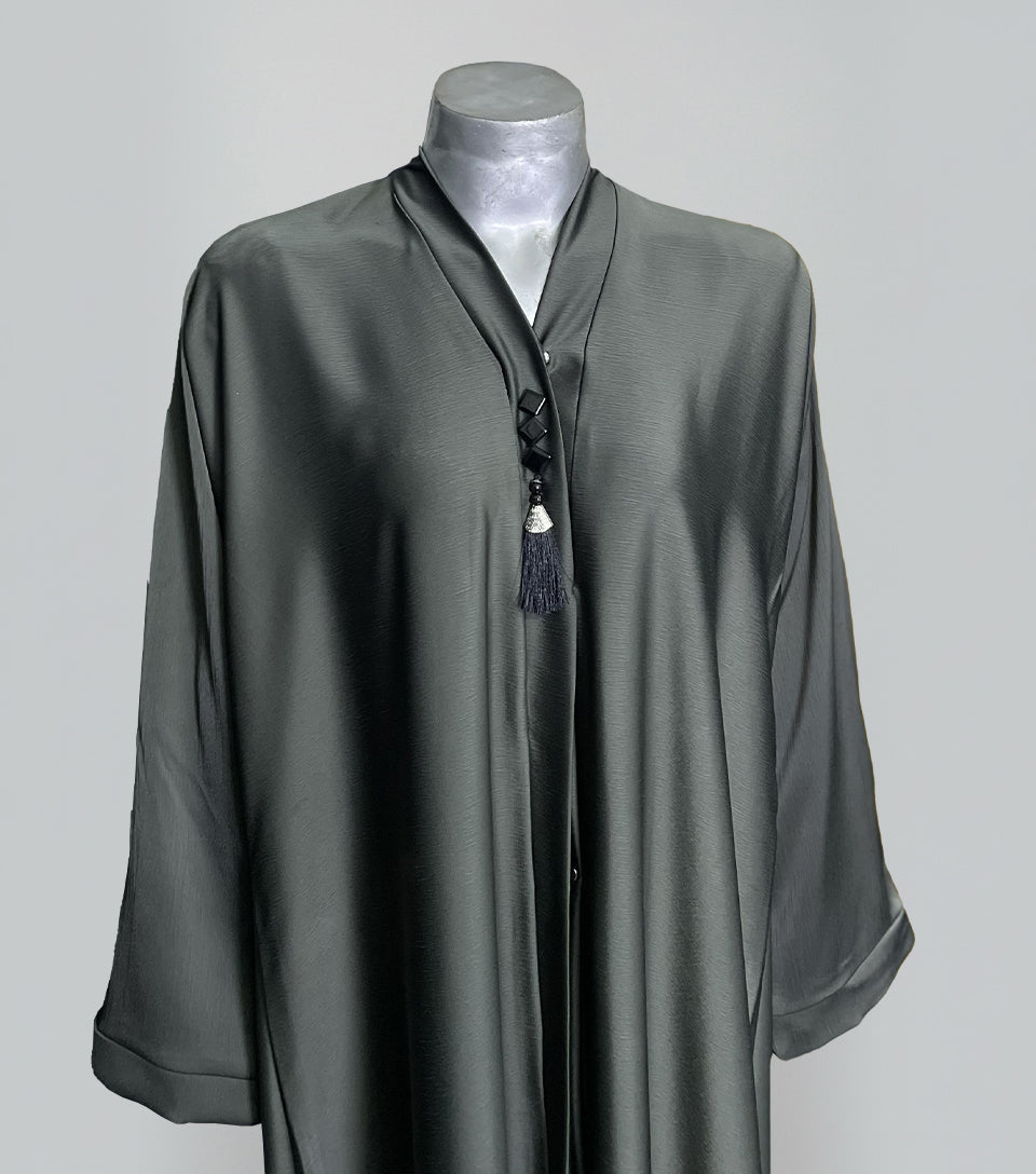 Mid Green Fancy Abaya | Luxe Korean Nidha Open Gown with Elegant Wide Flair