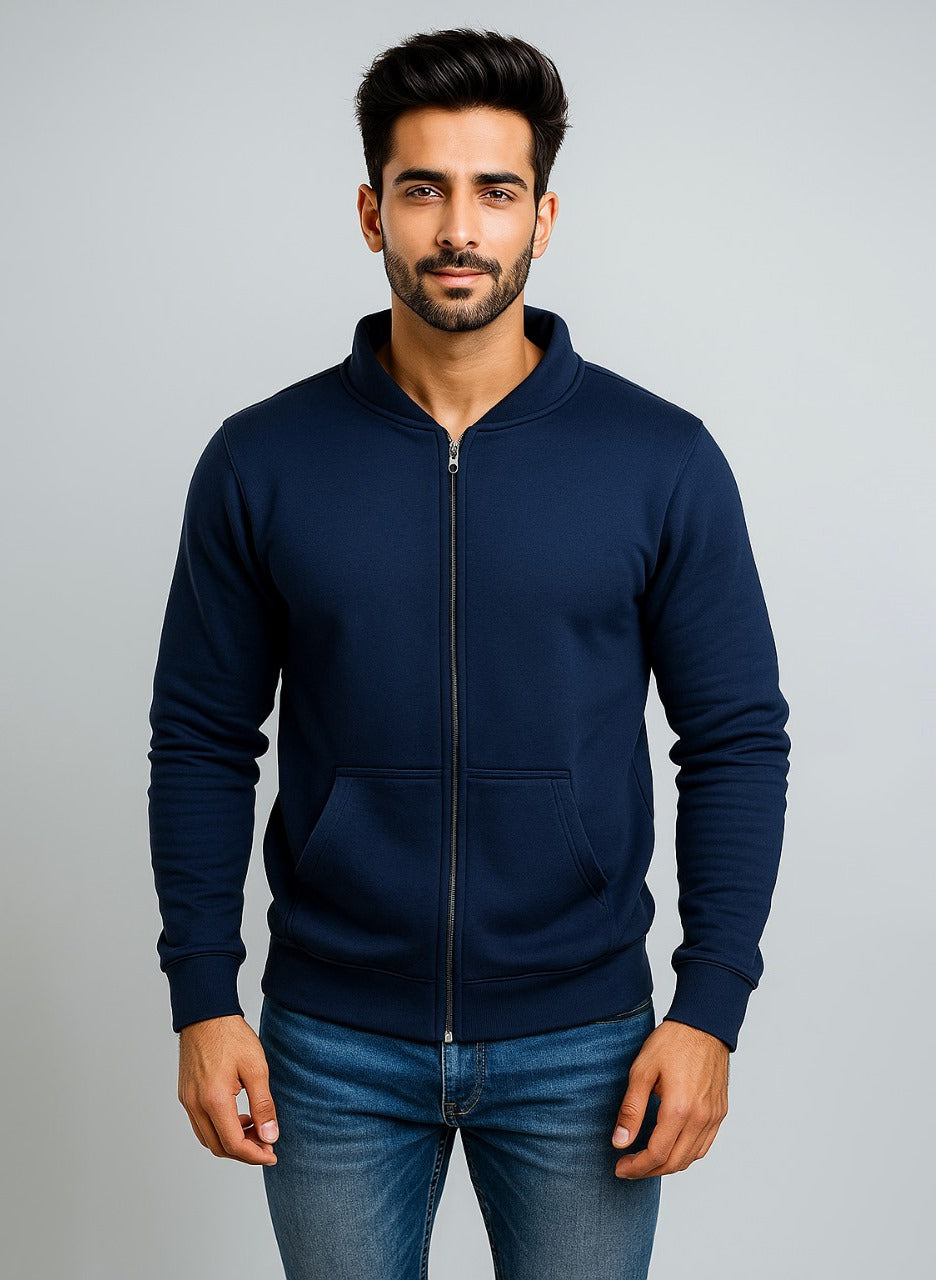 Navy Blue Men’s Full Zip Hoodie – Heavy Fleece Bomber Jacket