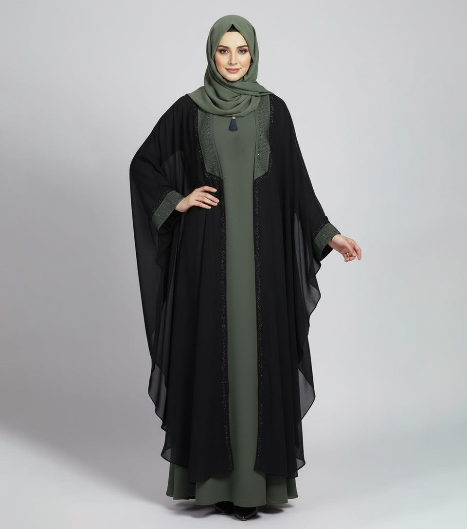 Elegant Olive – Black Front Open Fancy Abaya