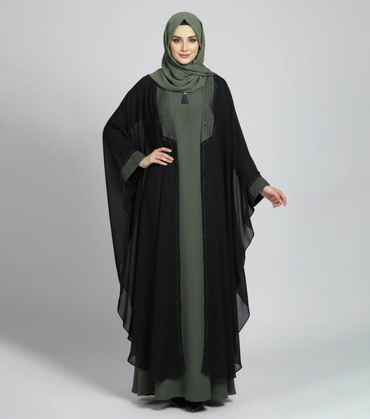 Elegant Olive – Black Front Open Fancy Abaya