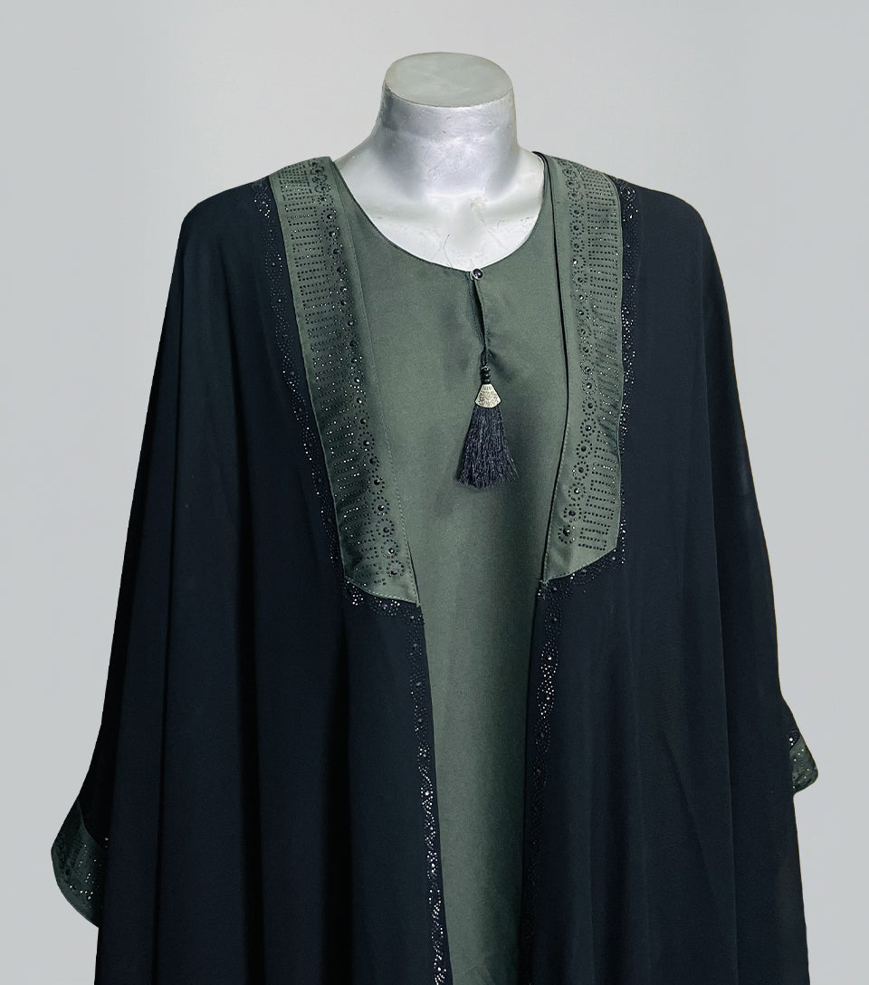 Elegant Olive – Black Front Open Fancy Abaya