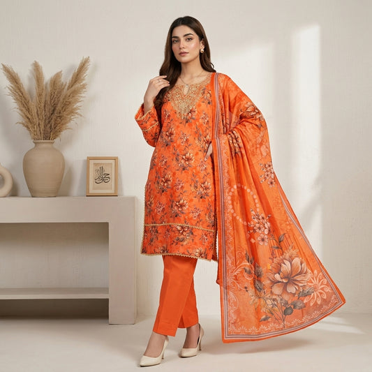 Orange Printed Lawn 3 Piece Suit