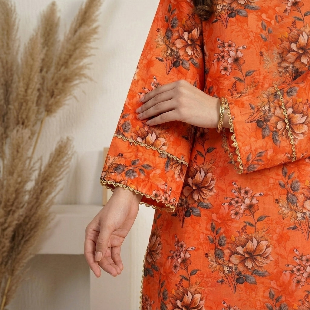 Orange Printed Lawn 3 Piece Suit