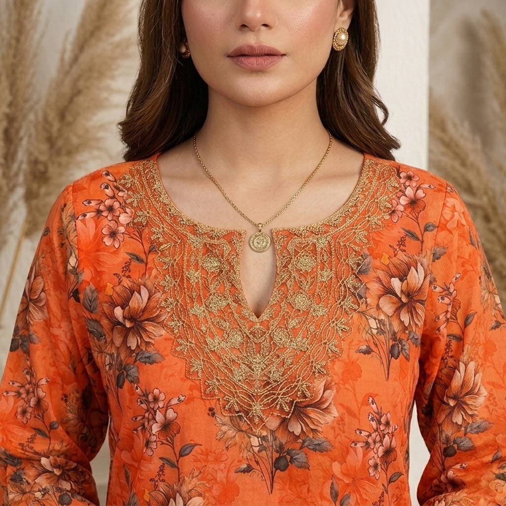 Orange Printed Lawn 3 Piece Suit