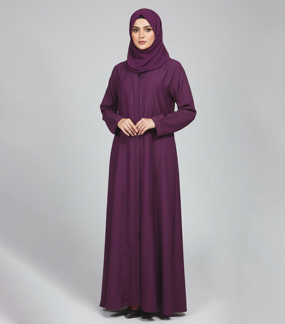 Plum Purple Fancy Abaya – Luxe Nidha Fabric with Crystal Beading