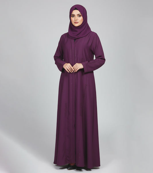 Plum Purple Fancy Abaya – Luxe Nidha Fabric with Crystal Beading