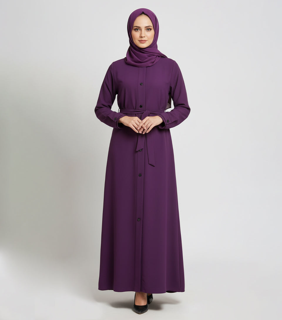 Elegant Purple Embellished Abaya – Korean Nidha Fabric | Button-Down Maxi with Belt