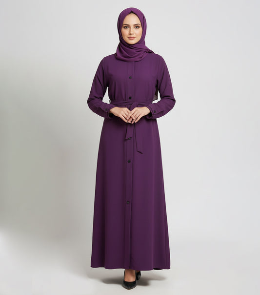 Elegant Purple Embellished Abaya – Korean Nidha Fabric | Button-Down Maxi with Belt