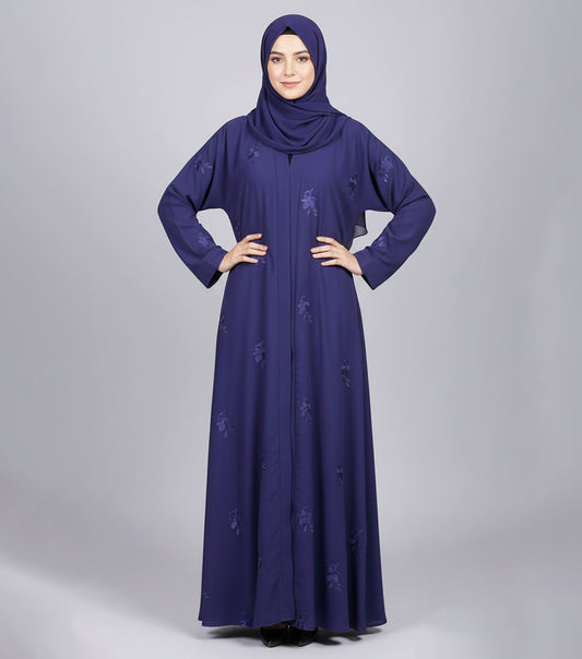 Elegant Slate Blue Embroidered Abaya | Luxe Nidha Open Gown for Timeless Grace