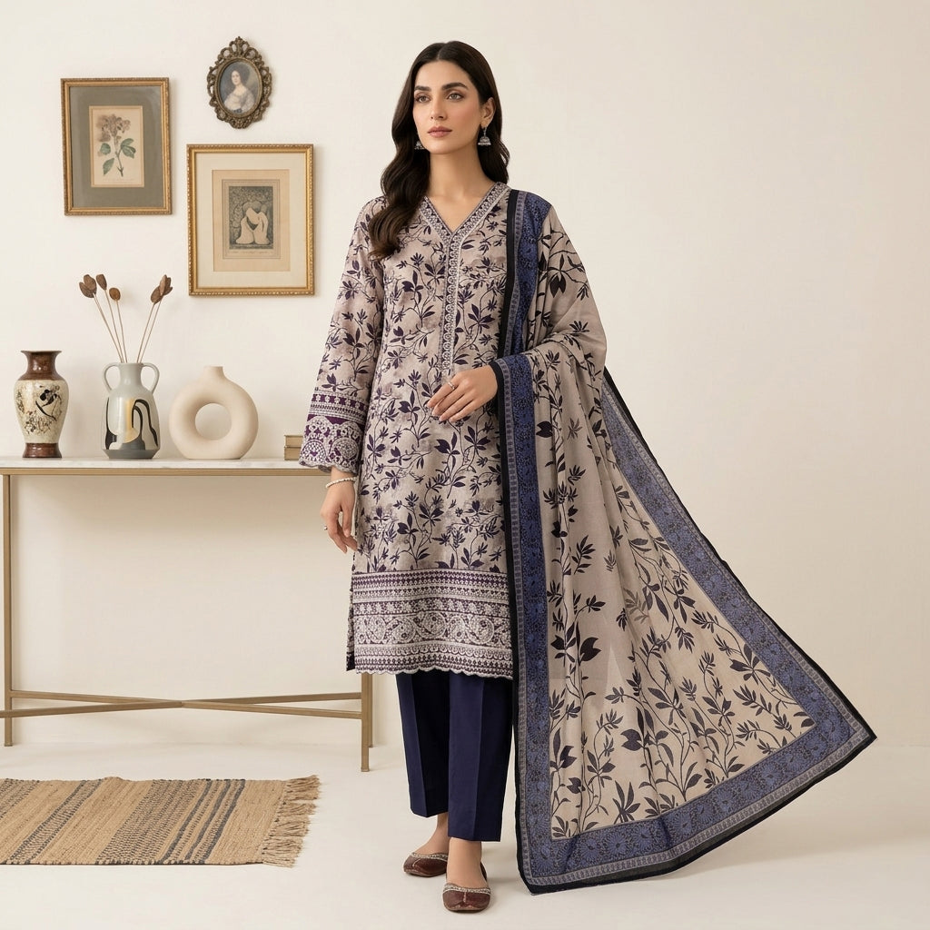 Taupe Printed Lawn Suit 3PC