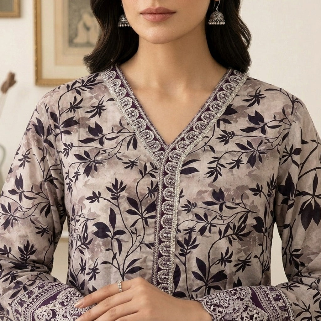 Taupe Printed Lawn Suit 3PC