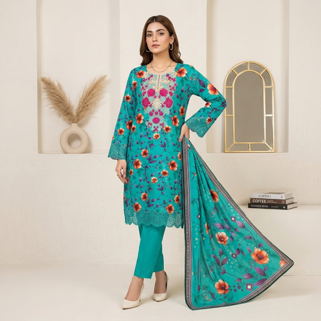Teal Printed Lawn 3 Piece Suit
