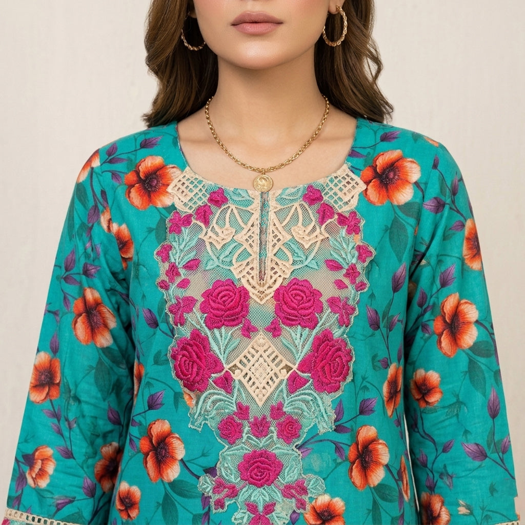 Teal Printed Lawn 3 Piece Suit