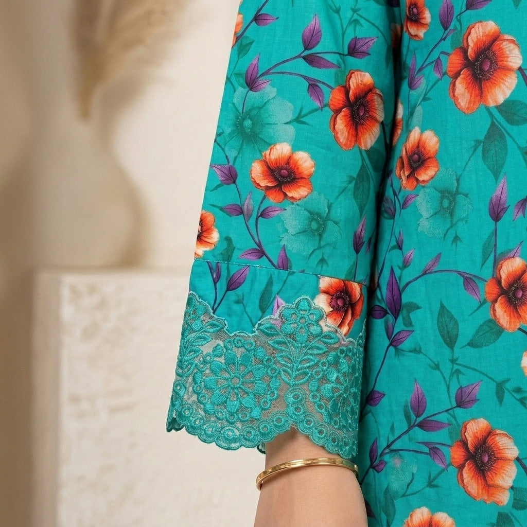 Teal Printed Lawn 3 Piece Suit