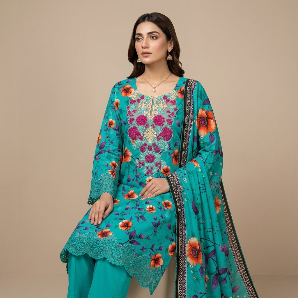 Teal Printed Lawn 3 Piece Suit