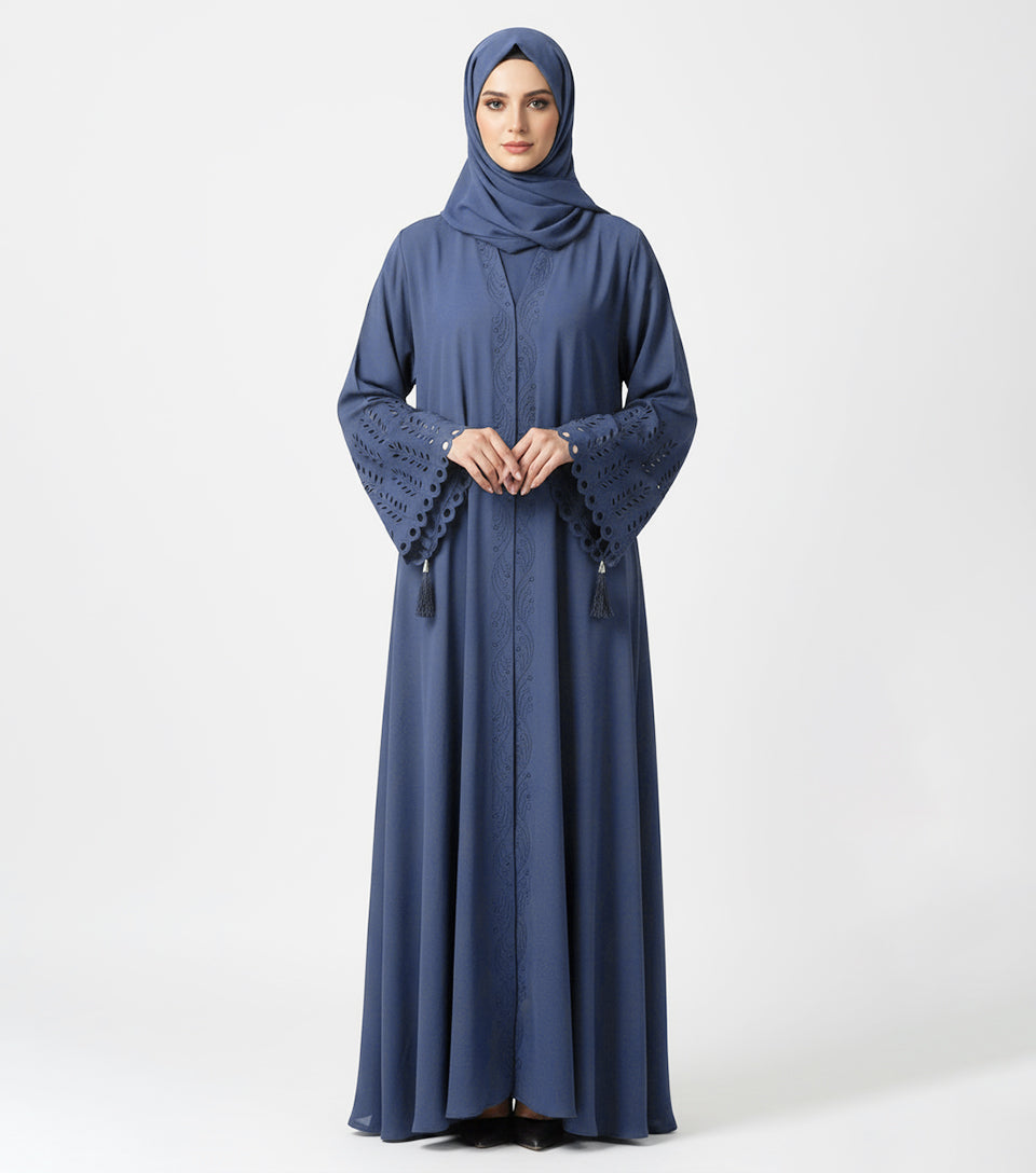 Tealish Blue Fancy Abaya with Cutwork